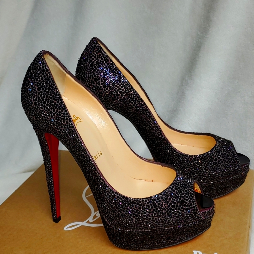 Christian Louboutin Lady Peep 150 Swarovski Strass Suede Burma Heels Euro 39